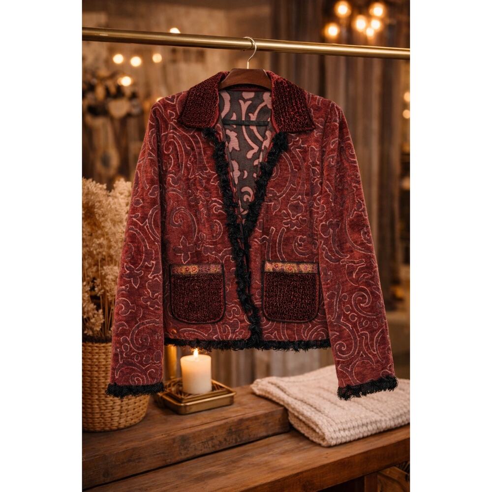 Yak Magik Reversible Blazer Beaded Sequin Silk Boho Jacket Size L Artistic Fun